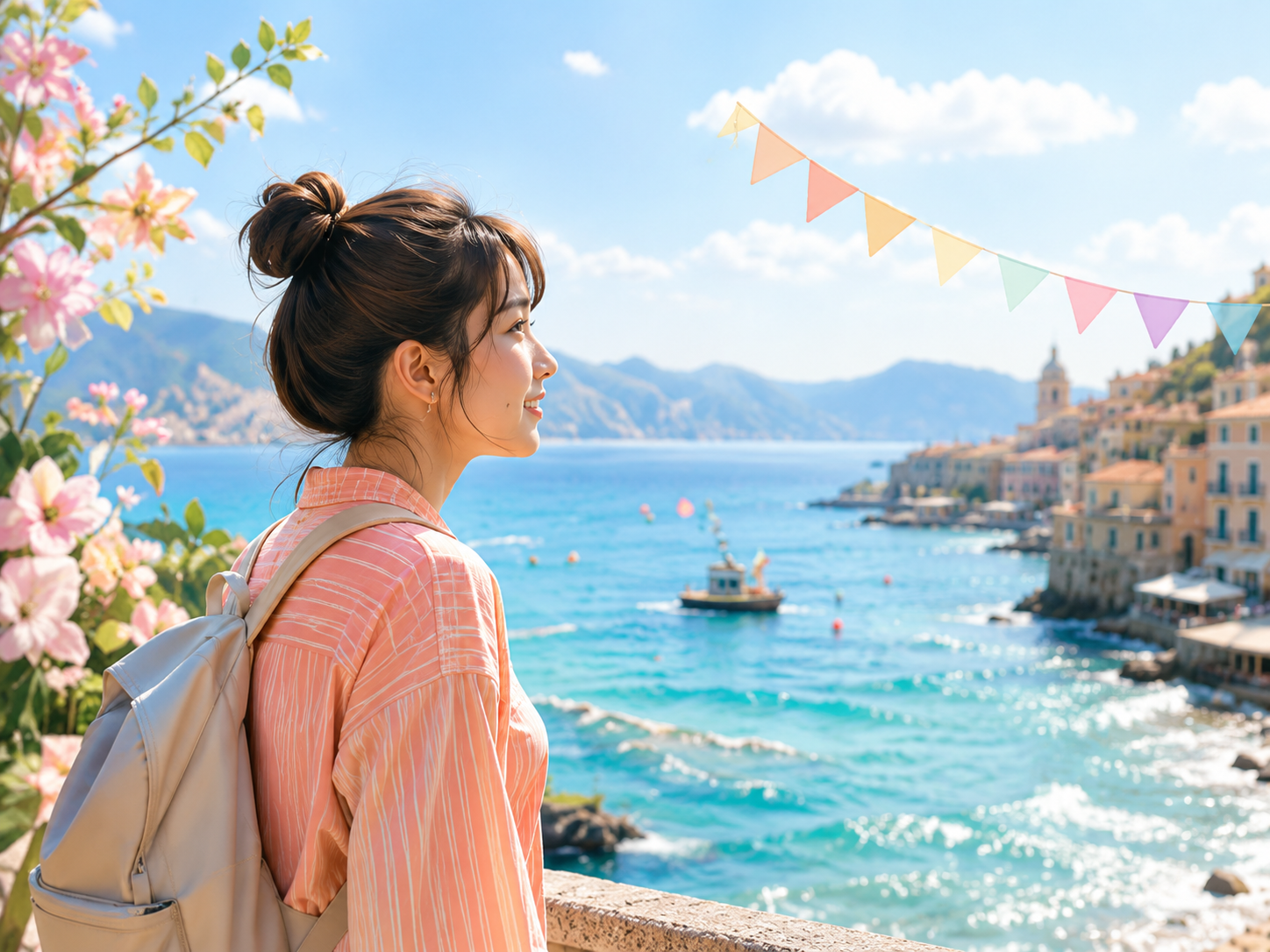 海沿いの街を眺める留学生