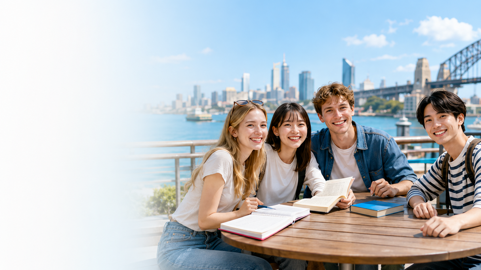 海外の街を背景に勉強する留学生たち