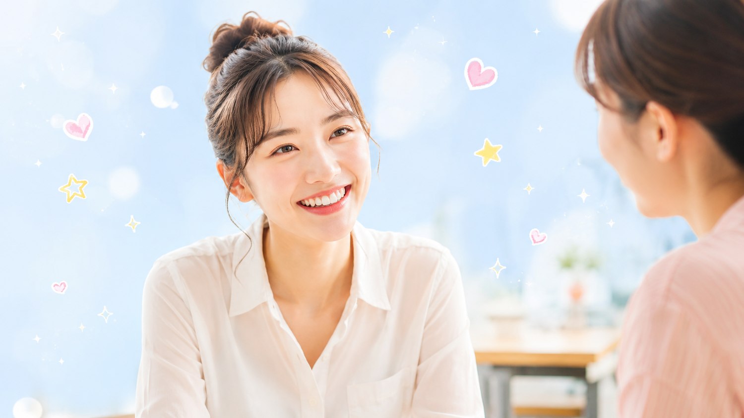 会話レッスンで笑顔の学生